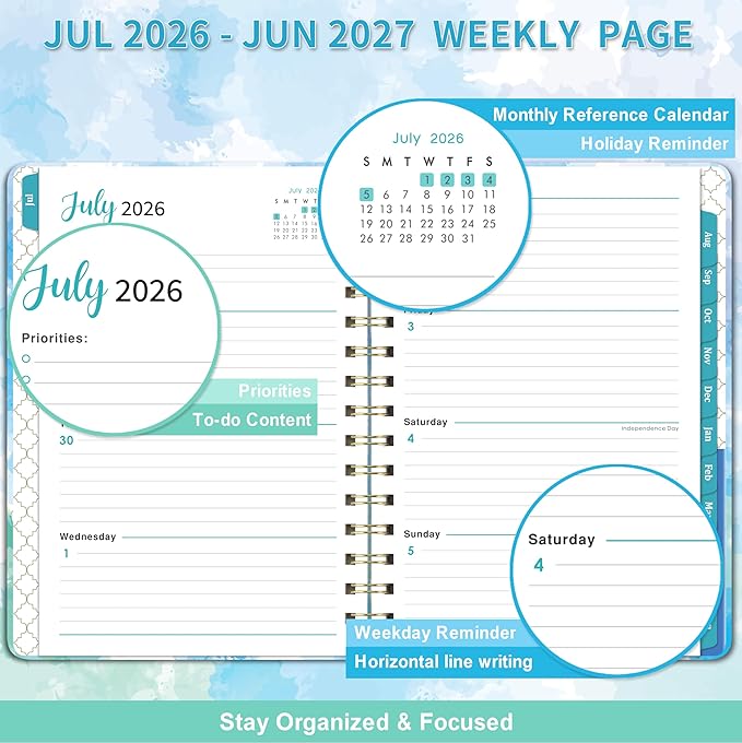 2026-2027 Planner - Weekly & Monthly Planner 2026-2027 with Tabs, July 2026 - June 2027, 6.3" x 8.4", Hardcover with Back Pocket + Thick Paper + Twin-Wire Binding - Blue