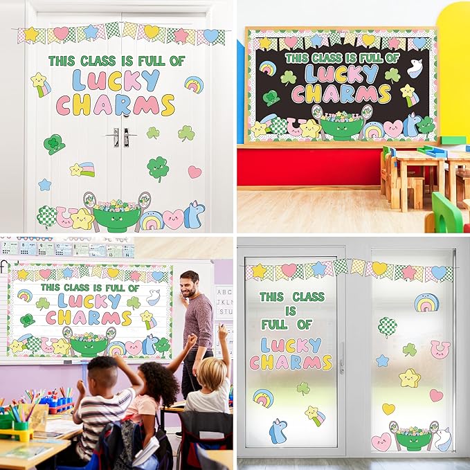 St. Patrick's Day Bulletin Board Decorations Classroom Bulletin Board Set Irish Clover Unicorn Cutouts for School Chalkboard Wall Door St. Patrick's Day Party Supplies