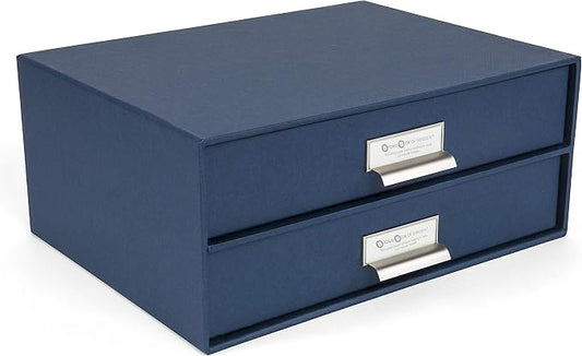 Bigso Box of Sweden Birger 2-Drawer Fiberboard Label Frame Document Letter Box | Desktop Drawers for Loose Papers, Document| Desktop Storage Drawer with Metal Label Holder | 13.1” x 10” x 5.7” | Blue
