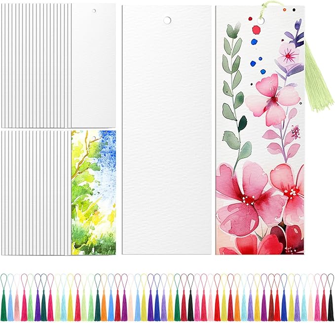 Skyygemm 100 Pcs Watercolor Paper Blank Bookmarks with Colorful Tassels DIY Book Marks Kit Cotton Watercolor Paper Bookmarks with Hole Bookmark Pad for DIY Classroom and Gifts Tags, 5.5 x 2 Inches