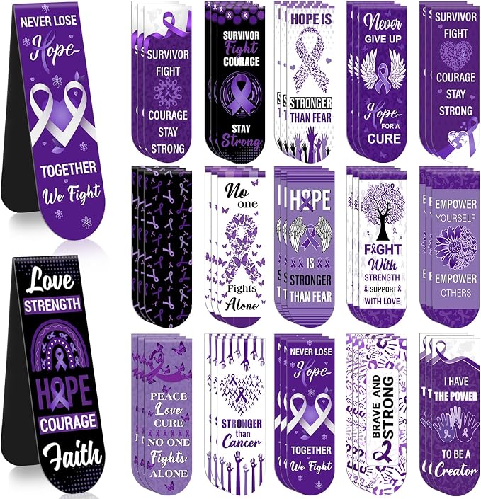 48 Pcs Purple Ribbon Cancer Awareness Magnetic Bookmarks Domestic Violence Pancreatic Cancer Alzheimer's Awareness World Suicide Prevention Book Marks for Society Events Funeral Memorial
