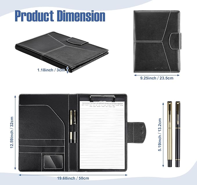 Clipboard Folder Portfolio,DIN A4 PU Leather Padfolio Clip Board,Magnetic Closure Business Clipboard with Cover Professional with 2 Pen,A4 Paper for Interview Resume Office Conference,Black