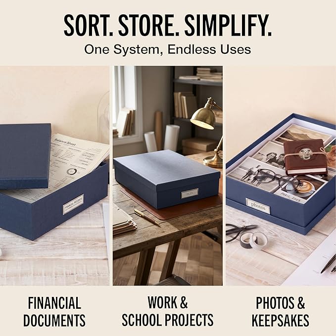 Bigso Box of Sweden Oskar Fiberboard Label Frame Document Letter Box | File Organizer for Important Paperwork | Document Storage with a Lid & Label Window | 3.3"x10.2"x13.8" | 3 Pack | Dark Blue