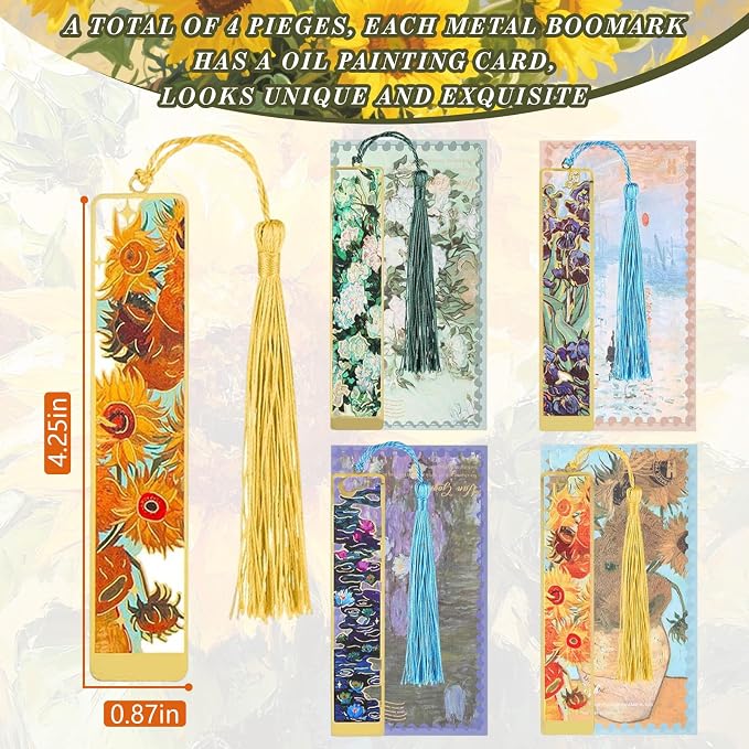 4 Pieces Floral Oil Painting Metal Bookmarks with Tassel,Elegant Book Markers for Readers,Vintage Style Reading Accessories,Gift Set for Book Lovers (4)