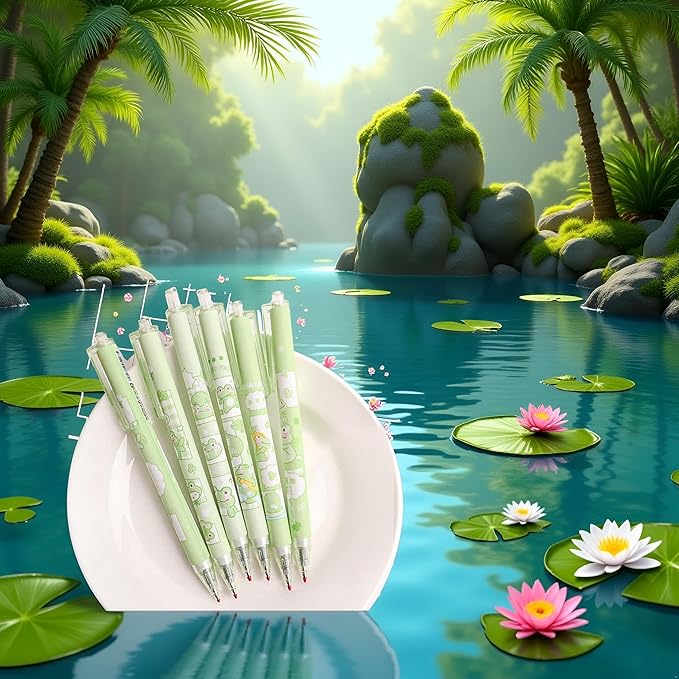 Jowxsx 6 PCS Cute Pens Black Gel Ink Pens,Green Frog Gel Cute Cartoon Animal Pen,Retractable Ballpoint Pen(0.5mm) Writing and Correction Supplies