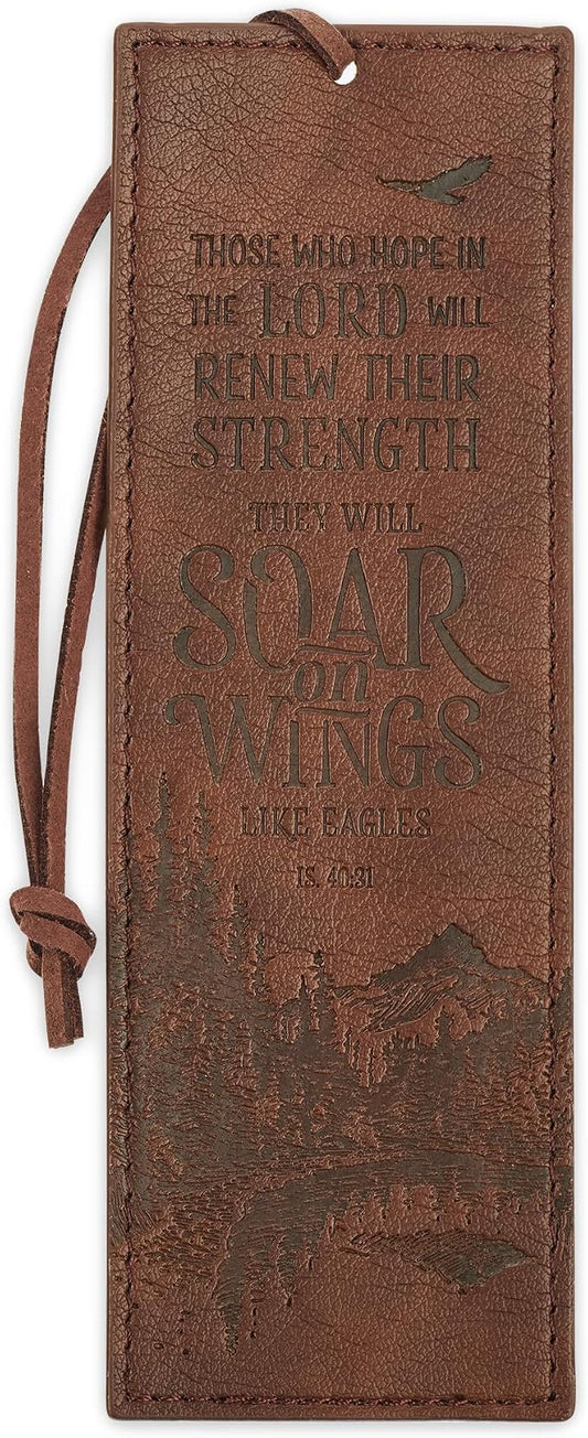 Christian Art Gifts Premium Vegan Faux Leather Scripture Bookmark for Men: Soar On Wings - Isaiah 40:31 Inspirational Bible Verse, Heat-Debossed, Faith-Based Reading Book Accessory with Cord, Brown