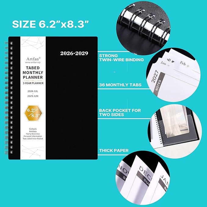 2026-2029 Monthly Planner/Calendar - 3 Year Monthly Planner 2026-2029, JUL 2026 - JUN 2029, 6.2" x 8.3", 3 Year Calendar 26-29 with Inner Pocket, Polypropylene Cover, 36-Month Tabs