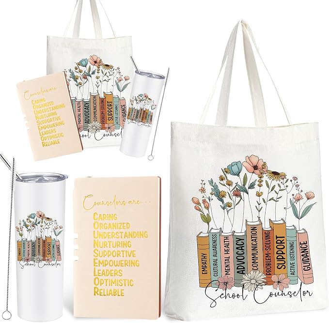 Fuutreo 3 Pcs School Counselor Must Have Appreciation Gift for Women Include 20 oz Stainless Steel Tumbler Cup Canvas Tote Bag Leather Journal Thank You Gifts for Educator Teacher, School Counselor