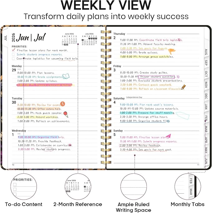 Academic Planner 2026-2027, Weekly and Monthly Calendar Book, July 2026 – June 2027, Hardcover Planner with Tabs, Perfect for Teachers, Students, Women & Men, A4 (8.5" x 11") - Midnight Bloom