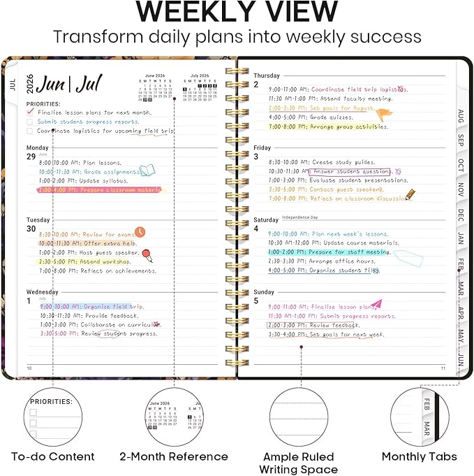 Academic Planner 2026-2027, Weekly and Monthly Calendar Book, July 2026 – June 2027, Hardcover Planner with Tabs, Perfect for Teachers, Students, Women & Men, A4 (8.5" x 11") - Midnight Bloom