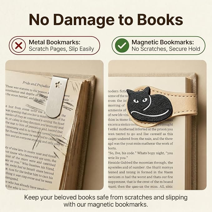 Gifts for Women Cute Cat Leather Magnetic Bookmarks for Women Vintage Book Marks for Reading Small Birthday Teacher Graduation Bookish Reading Book Lovers Gifts Office Planner Book Accessories Clip