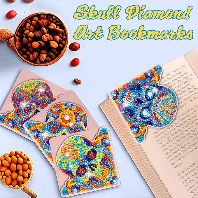 WIVICO 4 pcs Diamond Painting Bookmarks, DIY Diamond Art Kits for Adults, Book Corner - Protecting Bookmark Craft Supplies Kits for Book Lovers(Halloween Skull)