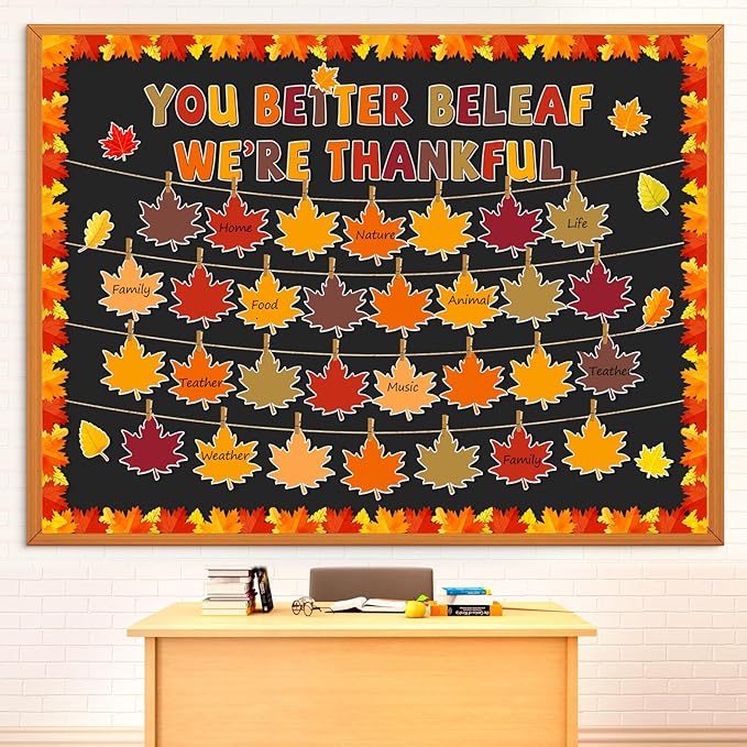 Pajean Thanksgiving Bulletin Board You Better Be Leaf We're Thankful Cutouts Fall Classroom Decor with Wooden Clips Rope for Autumn School Home Chalkboard Wall Window Door Decor