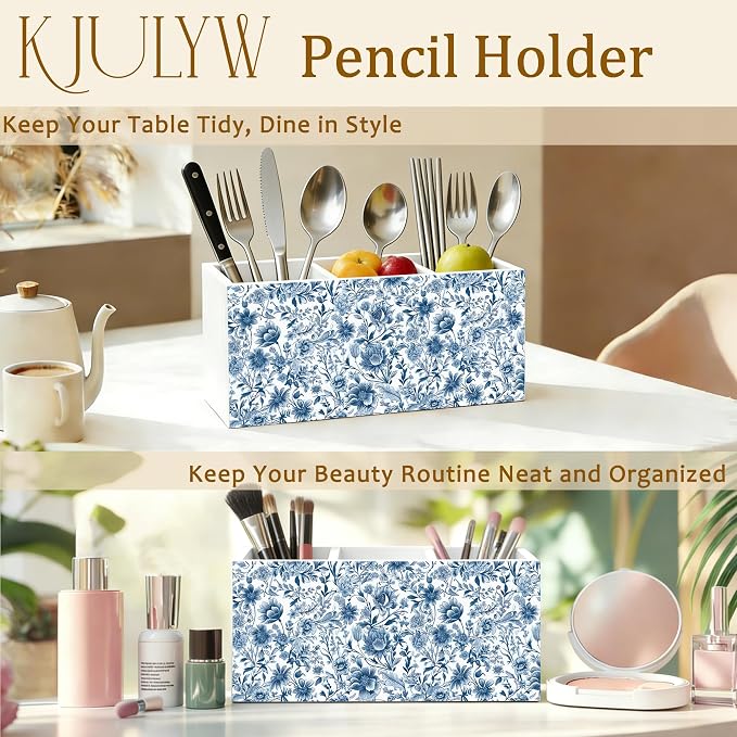 Chinoiserie Floral Pen Holder for Desk, Vintage Blue and White Chinoiserie Flower Wooden Box Pencil Pen Holder Organizer for Home Office Desk Accessories