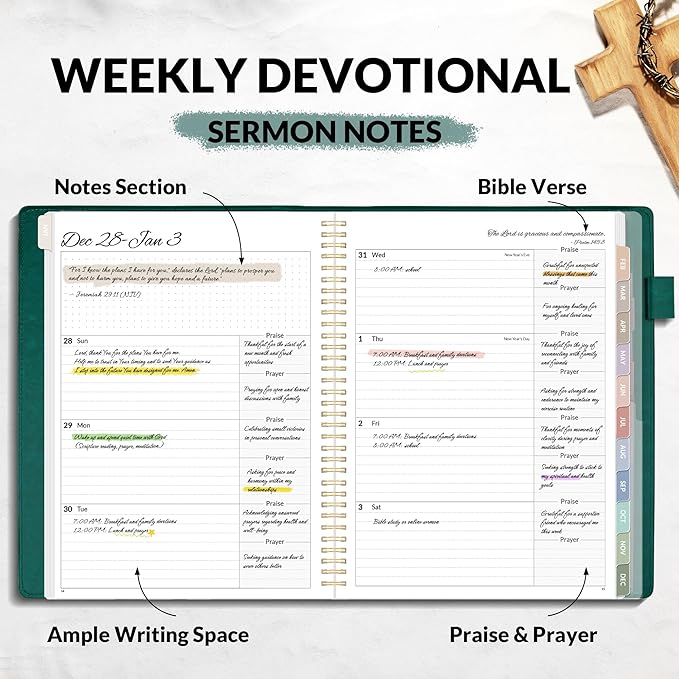 2026 Christian Planner - 12 Month Bible Journal and Prayer Planner 9"x11.2" Spiral Bound, Monthly & Weekly Christian Organizer Gifts for Women Men (Pacific Green)