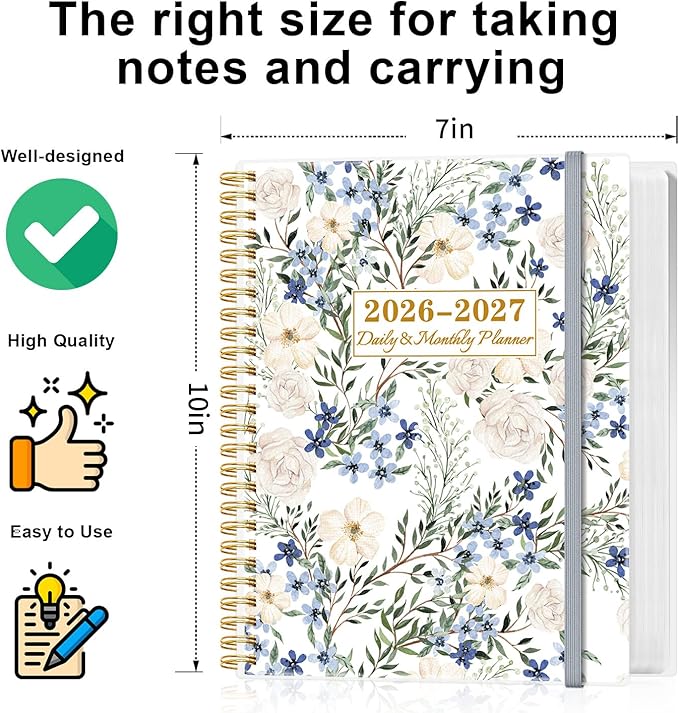 2026-2027 Daily & Monthly Planner Calendar - Daily Planner Calendar One Page Per Day from July 2026 to June 2027, Flexible Cover, 7" x 10", Storage Pocket, Crushed Flower