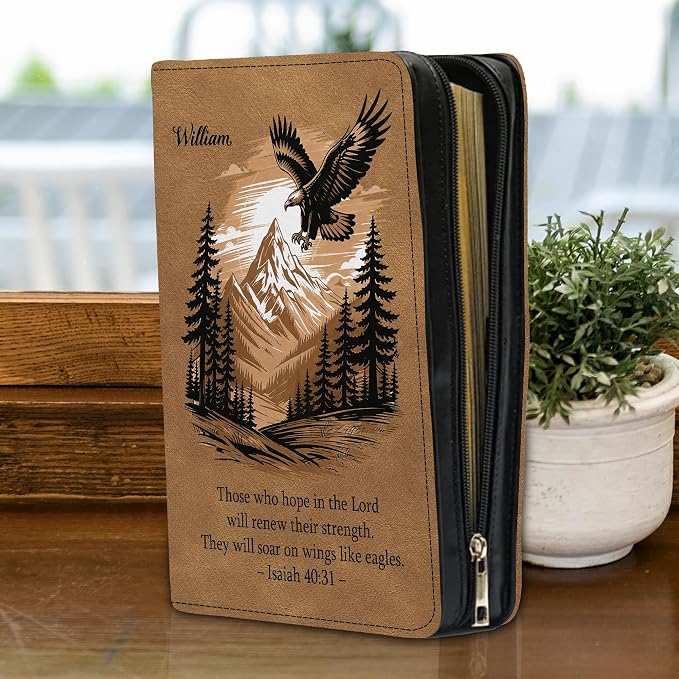 Personalized Man of God Bible Cover for Men, Christian PU Leather Bible Case with Handle Zipper, God Says I Am Warrior Scripture Bible Holder, Religious Gift for Men (Eagle and Bible Verse)