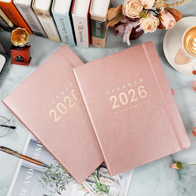 2026 Planner - Jan 2026 - Dec 2026, 8.5" x 11" 2026 Planner Weekly and Monthly, Pen Holder, Pocket, 25 Notes Pages, Faux Leather Cover, A4 Premium Paper - Pink