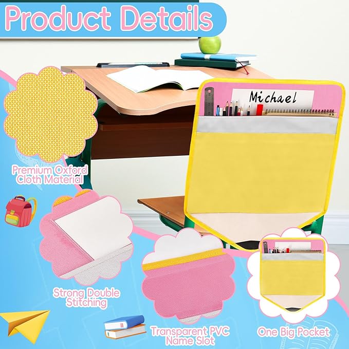24Pcs Pencil Chair Pockets for Classroom Pencil Chair Back Buddy Pocket with Name Tags 17 x 20In Chairs Organizer 3 Pockets Seat Storage Pocket for Kids School Classroom Daycare Home Supplies