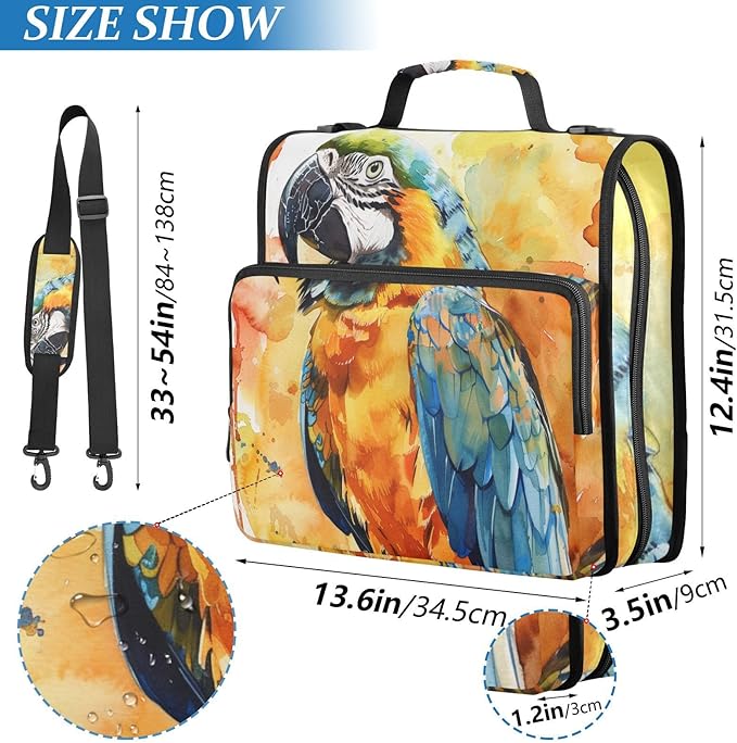 ALAZA Watercolor Parrot Portrait 3 Ring School Zipper Binder Bag Expanding File Folder Case Briefcase with Shoulder Strap
