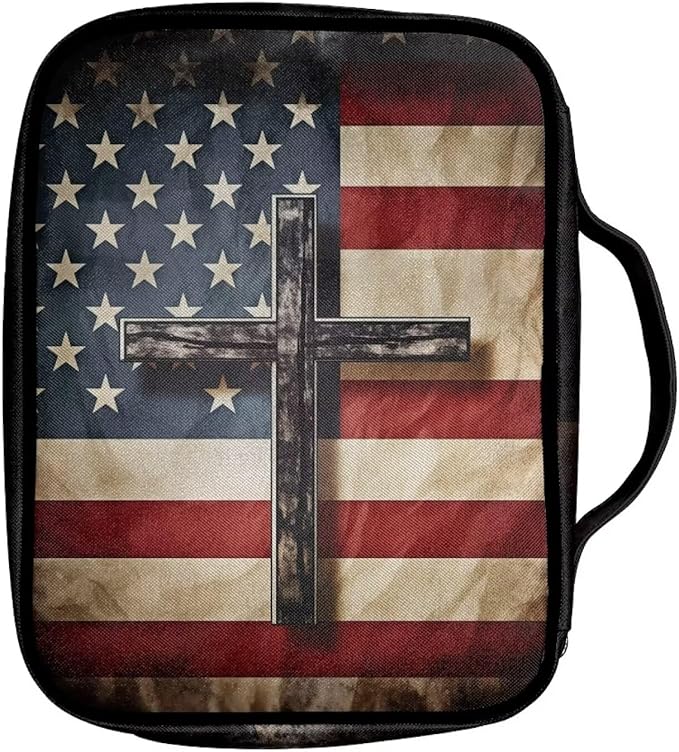 Suobstales American Flag Cross Print Bible Cover Bible Case for Women Men Lightweight Carrying Book Cover Church Bag Bible Protective Bag with Handle and Zippered Pocket