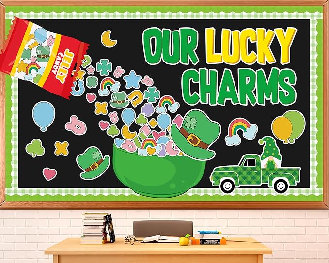 St.Patrick's Day Bulletin Board Decoration Set Green Shamrock Paper Cut Outs Our Lucky Charms Bulletin Board Set for St.Patrick’s Party Supplies Home Office School Classroom Chalkboard Wall Decor