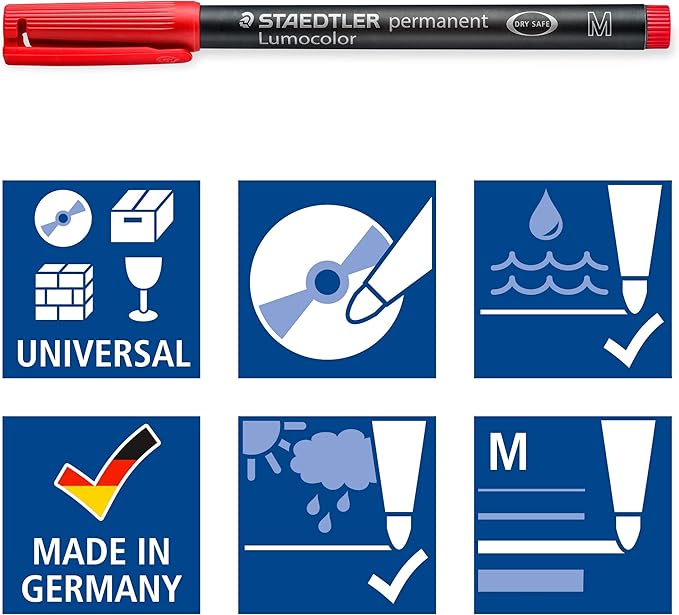 STAEDTLER 317-2 Lumocolor Universal Permanent Medium Pens - Red, Pack of 10 (317-2 VE)