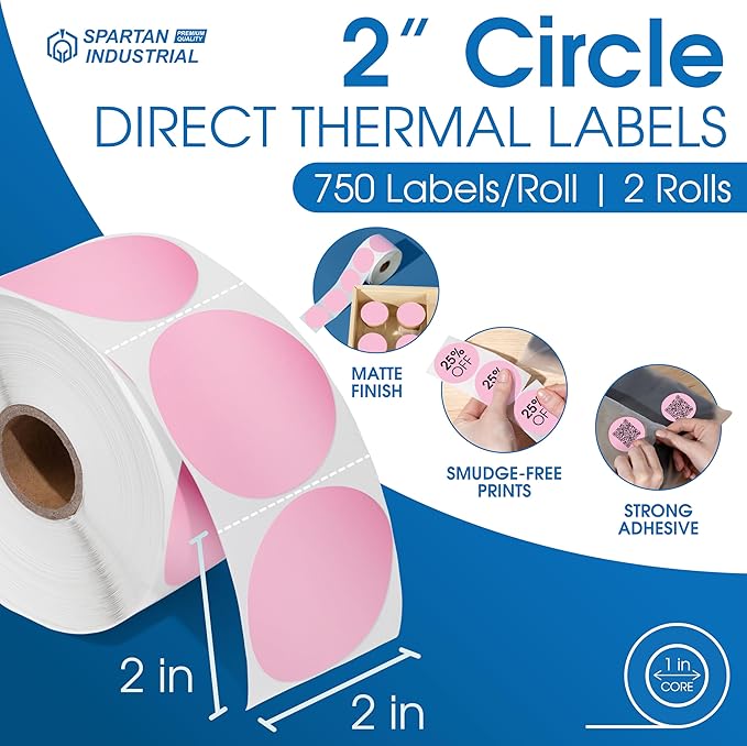 Spartan Industrial - 2" Circle Pink Direct Thermal Labels (1500 Count, 2 Rolls) - 2 Inch Pink Thermal Labels for Logos, Packaging, Branding - Compatible with Zebra and Rollo Printers