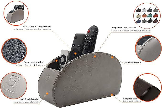Remote Control Holder with 5 Compartments, Grey PU Leather Office Organization Storage Caddy Box for TV Remote, Heater Controllers, Media Player, Office Supplies, Makeup Brushes CEG10