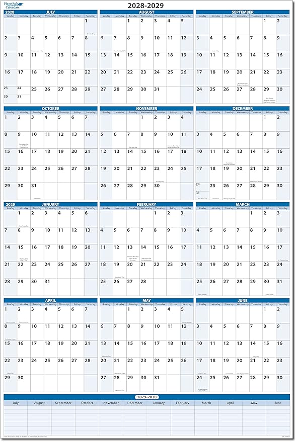 Fiscal/Academic Split Year July 2028 to June 2029 Vertical 12 Month Wall Calendar 36" x 24" - Dry & Wet Erasable with Next Year Planner Area. Complete with Fine tip Dry-erase Marker and Eraser