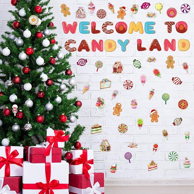 Marspark 68 Pcs Candy Land Decoration Christmas Bulletin Border Decoration Welcome to Candy Land Decor Donut Peppermint Round Gingerbread Man House Cutouts for Classroom Wall Decor