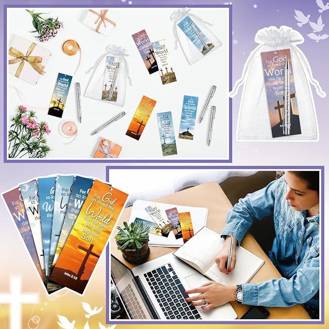 Dispowreath 24 Pcs/ 12 Sets John 3: 16 Church Gifts Religious Christian Gifts Include 12 Bible Verse Pen, 12 Religious Cross Bookmark for Church Handouts Prizes Party Favors