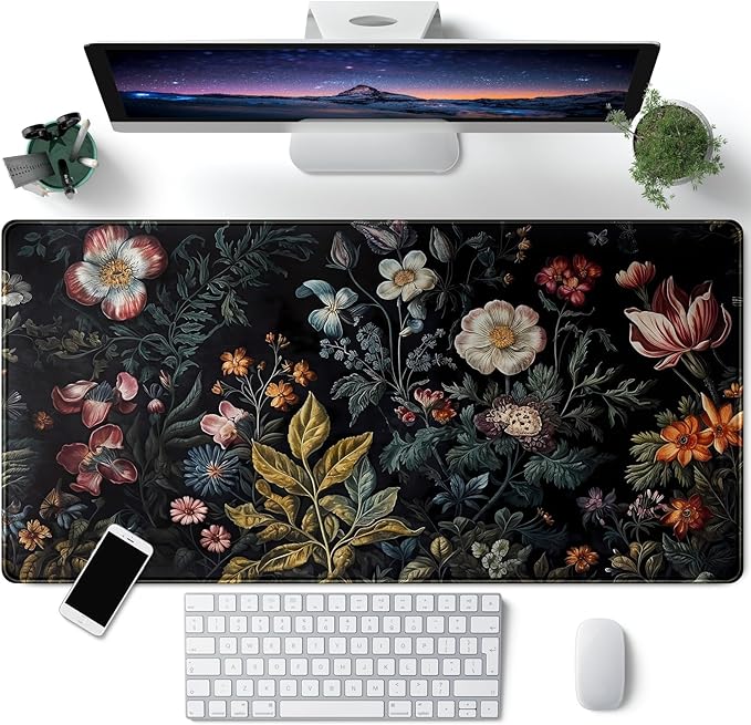Floral Desk Mat Dark Vintage Aesthetic Desk Pad Flower Plant Black Extended Mouse Pad Large Gaming Mousepad XXL Laptop Computer Mouse Keyboard Mat 31.5 x 15.7 in for Office Desk Decor