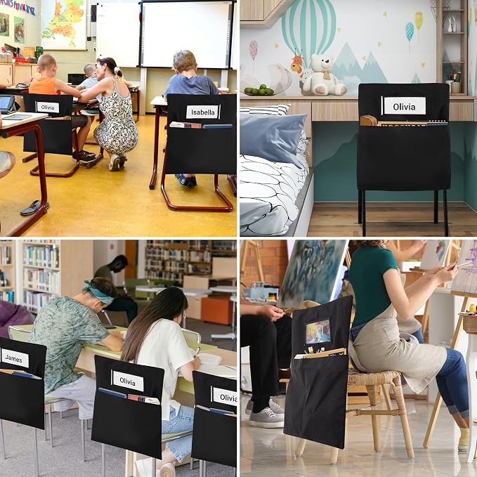 12PCS Chair Pockets for Classrooms 18 x 20 inch | Oxford Black Chair Back Buddy Pockets with Name Slot & Tags, Back of Chair Organizer for Classroom Chairs Seat Storage