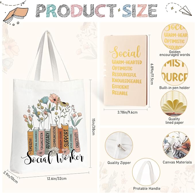 Fuutreo 3 Pcs Social Worker Appreciation Gift for Women Include 20 oz Tumbler Cup Canvas Tote Bag Leather Journal Thank You Gifts for Teacher Coworker Volunteer BSW MSW DSW Graduation Party Favors