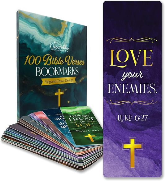 Decorably 100 Pack 2x6in Gold Foil Bible Bookmark with Religious Verses Set - 50 Inspirational Double-Sided Designs with Elegant Cross for Women & Men, Journals, Easter Gift, Church & Office Supplies