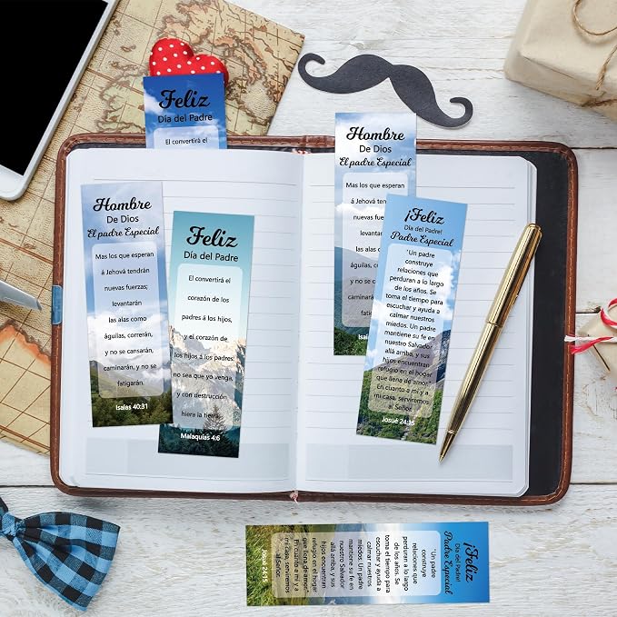 TICIAGA Father's Day Christian Bookmark - 60Pcs Spanish Religious Christian Bookmarks with Inspirational Verse, Man of God Masculine Bible Verse Page Marker for Dad, Church Study