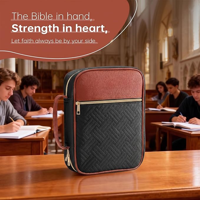 Bible Cover Bible Book Cover Bible Case for Women Canvas Carrying Case Book Protector Quilted Vegan Leather Bible Covers Study Supplies Accessories (Black-Brown, One Size)