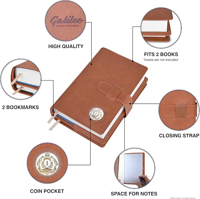 GALILEO® Double AA Big Book Cover & 12 Steps & 12 Traditions | Medallion Holder | AA Gift | Alcoholics Anonymous | PU Leather | AA Book Covers for Hardcover (Plain/Coin Pocket/Tan)