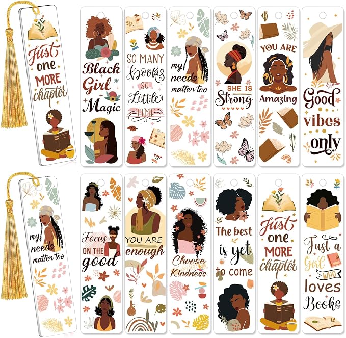 AFRITEE UV DTF Bookmark Wraps - 24 Pcs Black Girl Inspirational Quotes Acrylic Bookmark Sticker, Floral Butterflies Cold Transfer Stickers for Bookmarks Uvdtf Decals Decoration Gifts for Book Lovers