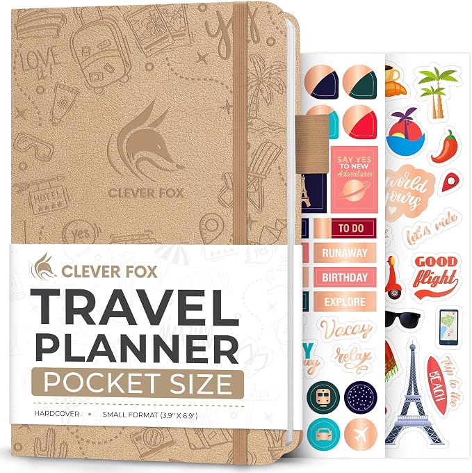Clever Fox Travel Journal Pocket – Vacation & Road Trip Itinerary Planner Organizer & Traveling Memory Diary – Small Traveler Notebook (Sandstone)