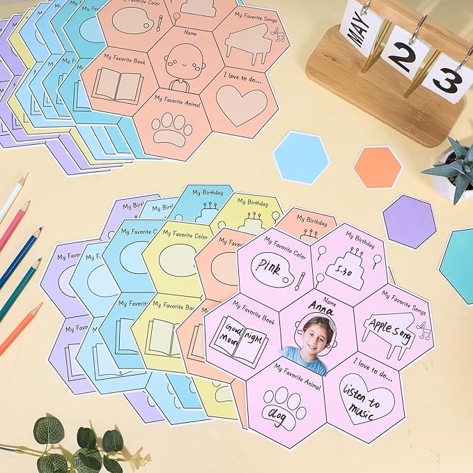 QOUBAI Hexagon Pieces Bulletin Board Set Pieces of Us Classroom Bulletin Board Decorations All About Me Cutouts Classroom Decorations for Back to School Office Home Chalkboard Decor Wall Door