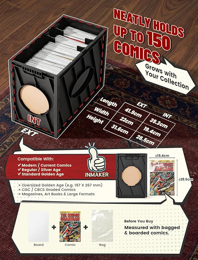 INMAKER Comic Book Storage Box, Holds Up to 150 Comics, Acid Free Plastic Book Bin with 2 Adjustable Dividers (Matte Black)