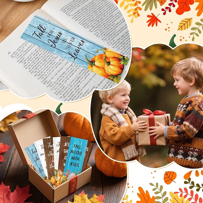 TICIAGA Fall Pumpkin Bible Bookmarks - 120Pcs Fall for Jesus He Never Leaves Religious Bible Verse Bookmarks, Autumn Pumpkins Page Marker for Book Lovers, Christian Church Giveaways for Sunday School