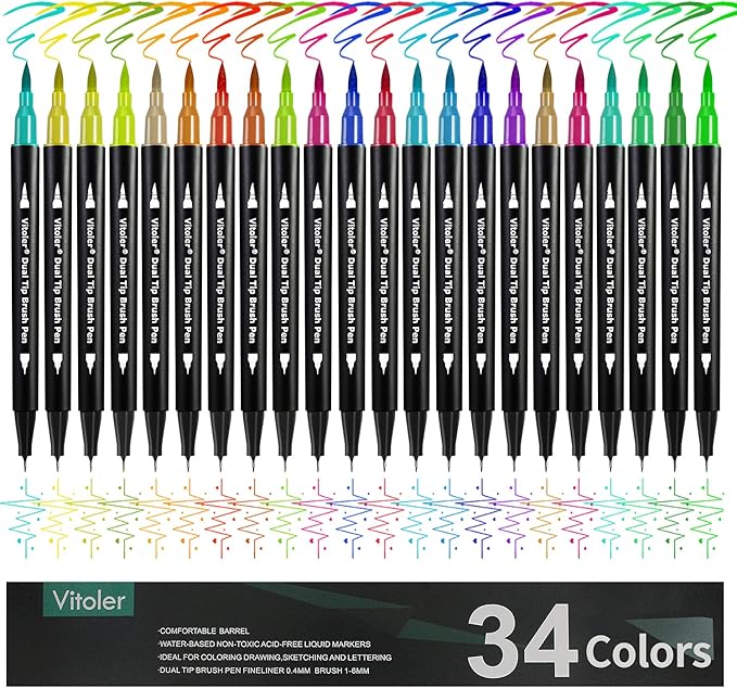 Vitoler Markers Highlighters,34 Colored Brush Markers Dual Tip Brush Pens for Art Supplies,Artist Highlighters for Kids Adult Coloring Books No Bleeding(34 Colors Pen)