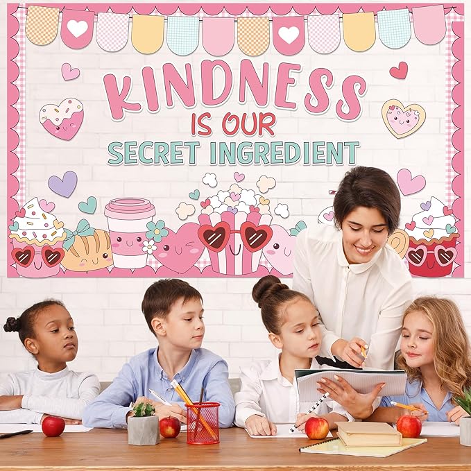 Valentine's Day Bulletin Board Decoration Set Valentines Kindness Classroom Decoration Colorful Heart Coffee Cup Cookies Cutouts for Valentines School Classroom Chalkboard Wall Decor Party Supplies