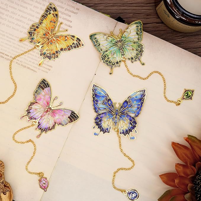 4pcs Butterfly Bookmarks for Women, Aesthetic Vintage Metal Bookmarks with Chain for Reading Women, Book Lovers, Unique Gold Butterflies Book Markers Gifts