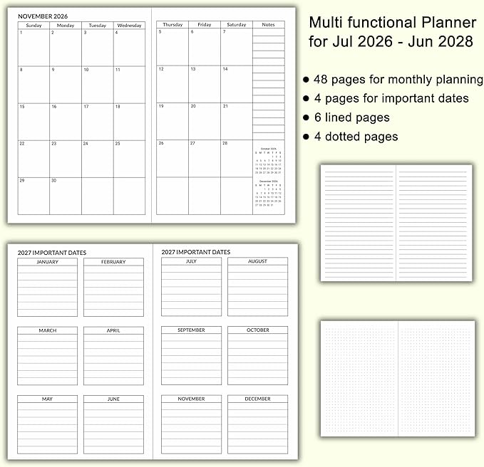 A5 Calendar Planner July 2026 - June 2028, Travelers Notebook Inserts for 2 Years, Monthly Calendar & Important Dates & Line & Dotted, 100gsm Paper, 8.3 x 5.5 in, 1pcs (Pink)