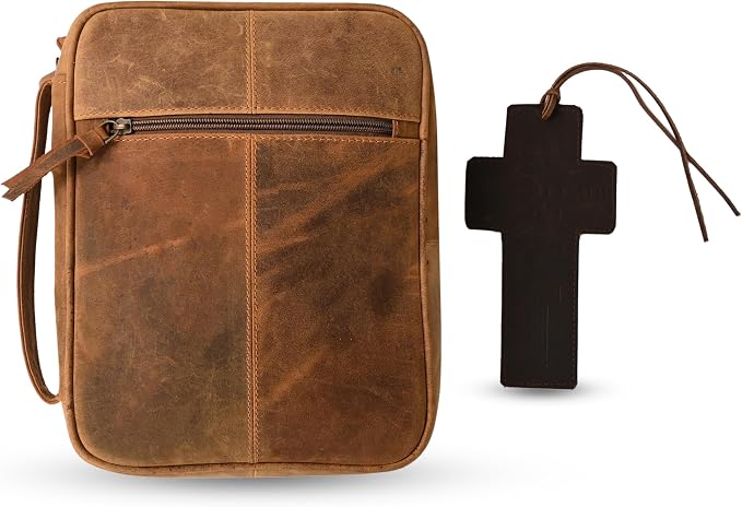 Genuine Leather Bible Case for Men & Women 11 x 8 inch, Bible Cover with Handle & Zip Clousre, Pen Holder, Multiple Storage Compartments Bible Carrying Bag (Yellow Camel)