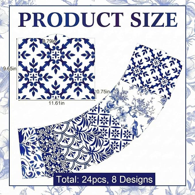 Tisancy 24 Pcs Decorative Letter Size File Folders Set 1/3 Cut Tabs Paper File Folder for Document with Blue White Chinoiserie Floral Patterns for School Office Home Teacher Gift, 11.6 x 9.45 Inch